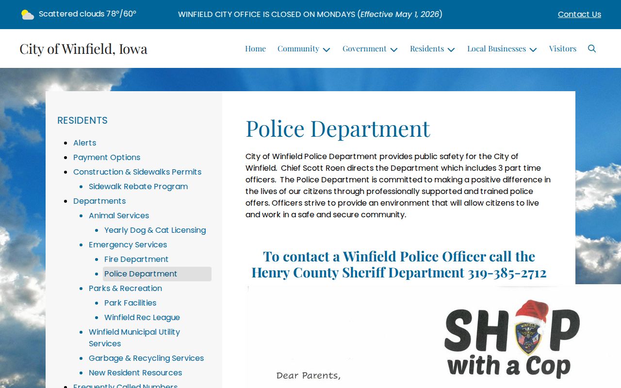 Winfield Police Department source for city criminal record contacts